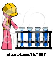 Poster, Art Print Of Pink Construction Worker Contractor Man Using Test Tubes Or Vials On Rack