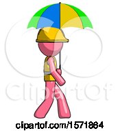 Poster, Art Print Of Pink Construction Worker Contractor Man Walking With Colored Umbrella