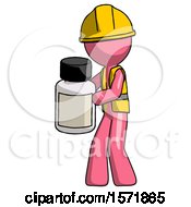 Poster, Art Print Of Pink Construction Worker Contractor Man Holding White Medicine Bottle