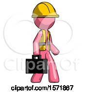 Poster, Art Print Of Pink Construction Worker Contractor Man Walking With Briefcase To The Right