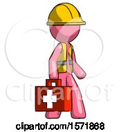 Poster, Art Print Of Pink Construction Worker Contractor Man Walking With Medical Aid Briefcase To Right