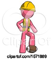Poster, Art Print Of Pink Construction Worker Contractor Man Standing With Foot On Football