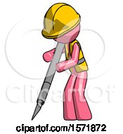 Poster, Art Print Of Pink Construction Worker Contractor Man Cutting With Large Scalpel