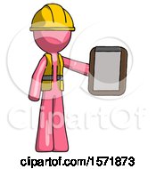 Pink Construction Worker Contractor Man Showing Clipboard To Viewer