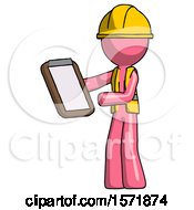 Poster, Art Print Of Pink Construction Worker Contractor Man Reviewing Stuff On Clipboard