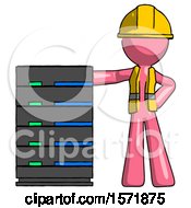 Poster, Art Print Of Pink Construction Worker Contractor Man With Server Rack Leaning Confidently Against It