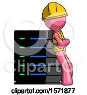 Poster, Art Print Of Pink Construction Worker Contractor Man Resting Against Server Rack Viewed At Angle