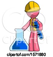 Poster, Art Print Of Pink Construction Worker Contractor Man Holding Test Tube Beside Beaker Or Flask