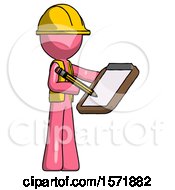 Poster, Art Print Of Pink Construction Worker Contractor Man Using Clipboard And Pencil