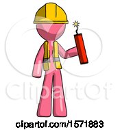 Poster, Art Print Of Pink Construction Worker Contractor Man Holding Dynamite With Fuse Lit