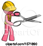 Poster, Art Print Of Pink Construction Worker Contractor Man Holding Giant Scissors Cutting Out Something