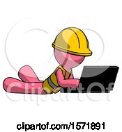 Poster, Art Print Of Pink Construction Worker Contractor Man Using Laptop Computer While Lying On Floor Side Angled View