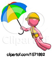 Pink Construction Worker Contractor Man Flying With Rainbow Colored Umbrella