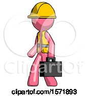 Poster, Art Print Of Pink Construction Worker Contractor Man Walking With Briefcase To The Left