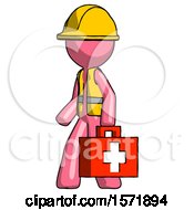 Poster, Art Print Of Pink Construction Worker Contractor Man Walking With Medical Aid Briefcase To Left