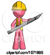 Poster, Art Print Of Pink Construction Worker Contractor Man Holding Large Scalpel
