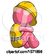 Pink Construction Worker Contractor Man Sitting With Head Down Back View Facing Right