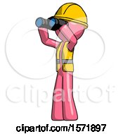 Poster, Art Print Of Pink Construction Worker Contractor Man Looking Through Binoculars To The Left