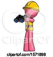 Poster, Art Print Of Pink Construction Worker Contractor Man Holding Binoculars Ready To Look Left