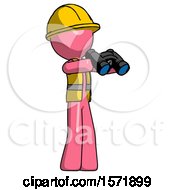 Poster, Art Print Of Pink Construction Worker Contractor Man Holding Binoculars Ready To Look Right