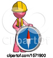 Pink Construction Worker Contractor Man Standing Beside Large Compass