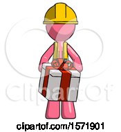 Poster, Art Print Of Pink Construction Worker Contractor Man Gifting Present With Large Bow Front View