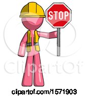 Poster, Art Print Of Pink Construction Worker Contractor Man Holding Stop Sign