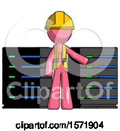 Poster, Art Print Of Pink Construction Worker Contractor Man With Server Racks In Front Of Two Networked Systems