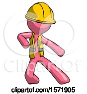 Poster, Art Print Of Pink Construction Worker Contractor Man Karate Defense Pose Right