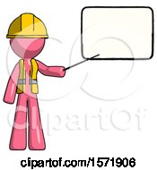 Pink Construction Worker Contractor Man Giving Presentation In Front Of Dry Erase Board