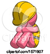 Pink Construction Worker Contractor Man Sitting With Head Down Facing Angle Left