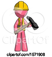 Poster, Art Print Of Pink Construction Worker Contractor Man Holding Hammer Ready To Work