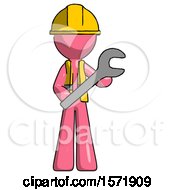 Poster, Art Print Of Pink Construction Worker Contractor Man Holding Large Wrench With Both Hands