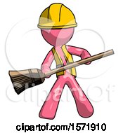 Pink Construction Worker Contractor Man Broom Fighter Defense Pose