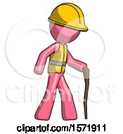 Poster, Art Print Of Pink Construction Worker Contractor Man Walking With Hiking Stick