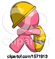 Poster, Art Print Of Pink Construction Worker Contractor Man Sitting With Head Down Facing Sideways Left