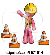 Poster, Art Print Of Pink Construction Worker Contractor Man Standing By Traffic Cones Waving