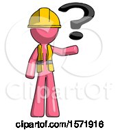 Poster, Art Print Of Pink Construction Worker Contractor Man Holding Question Mark To Right