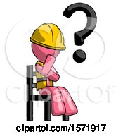 Poster, Art Print Of Pink Construction Worker Contractor Man Question Mark Concept Sitting On Chair Thinking