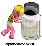 Poster, Art Print Of Pink Construction Worker Contractor Man Pushing Large Medicine Bottle