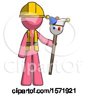 Poster, Art Print Of Pink Construction Worker Contractor Man Holding Jester Staff