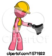 Poster, Art Print Of Pink Construction Worker Contractor Man Dusting With Feather Duster Downwards