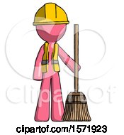 Poster, Art Print Of Pink Construction Worker Contractor Man Standing With Broom Cleaning Services