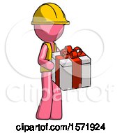 Poster, Art Print Of Pink Construction Worker Contractor Man Giving A Present