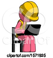 Pink Construction Worker Contractor Man Using Laptop Computer While Sitting In Chair Angled Right