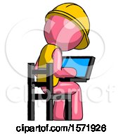 Poster, Art Print Of Pink Construction Worker Contractor Man Using Laptop Computer While Sitting In Chair View From Back