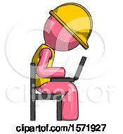 Poster, Art Print Of Pink Construction Worker Contractor Man Using Laptop Computer While Sitting In Chair View From Side