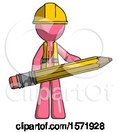 Poster, Art Print Of Pink Construction Worker Contractor Man Writer Or Blogger Holding Large Pencil