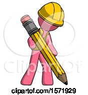 Poster, Art Print Of Pink Construction Worker Contractor Man Writing With Large Pencil