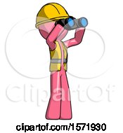 Poster, Art Print Of Pink Construction Worker Contractor Man Looking Through Binoculars To The Right